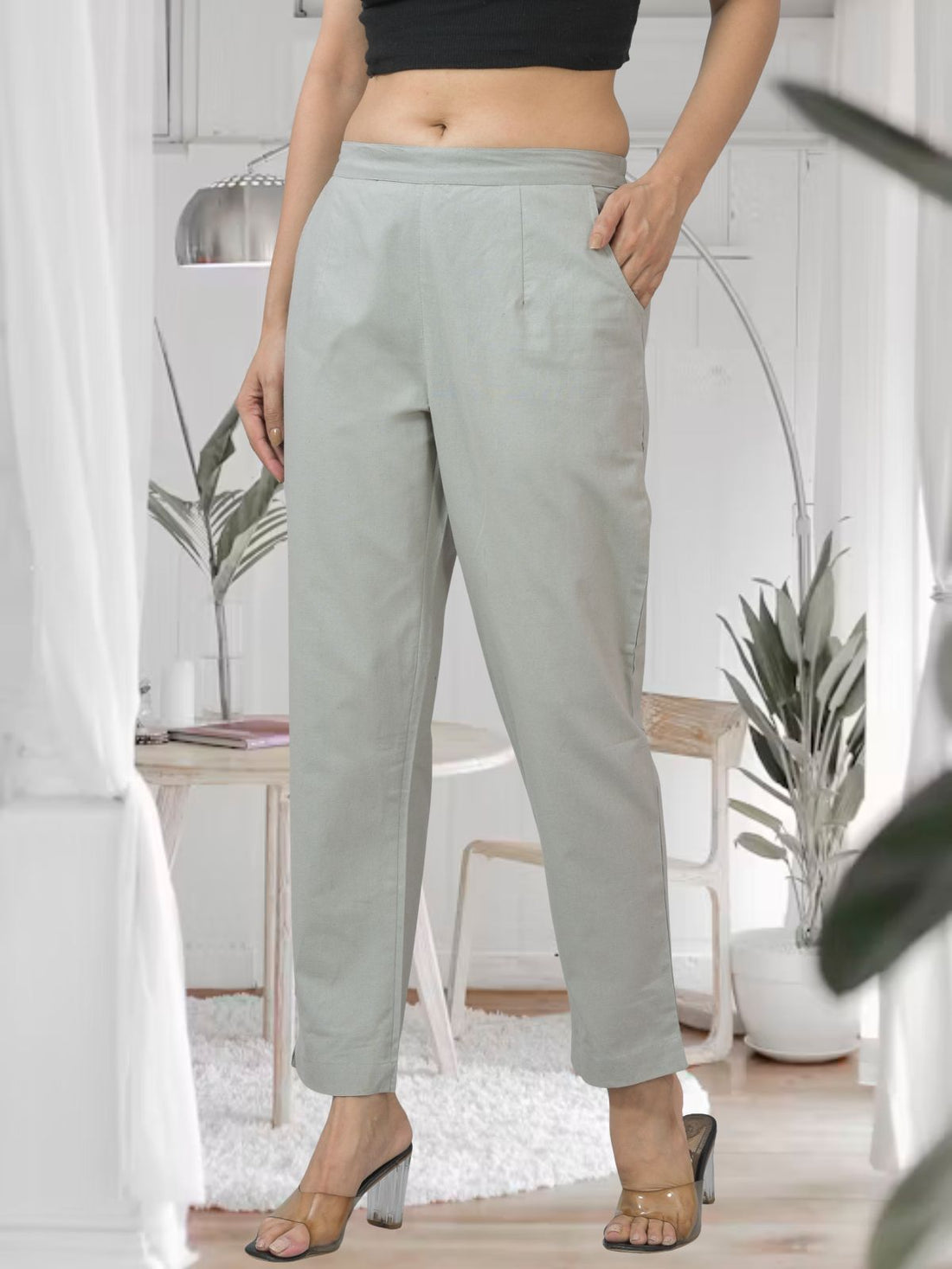 Melange Grey Half Elastic Airy Linen Cotton Pants