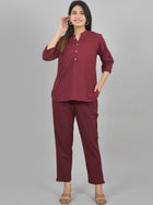 Womens Solid Maroon Cotton Top-Pyjama Co-Ords Set
