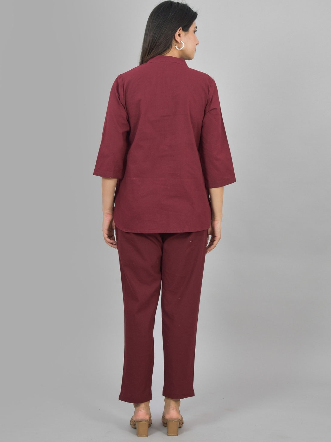 Womens Solid Maroon Cotton Top-Pyjama Co-Ords Set