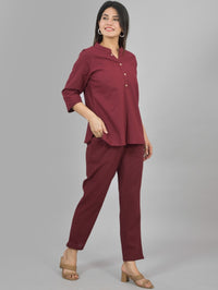 Quaclo Womens Solid Maroon Cotton Top-Pyjama Co-Ords Set