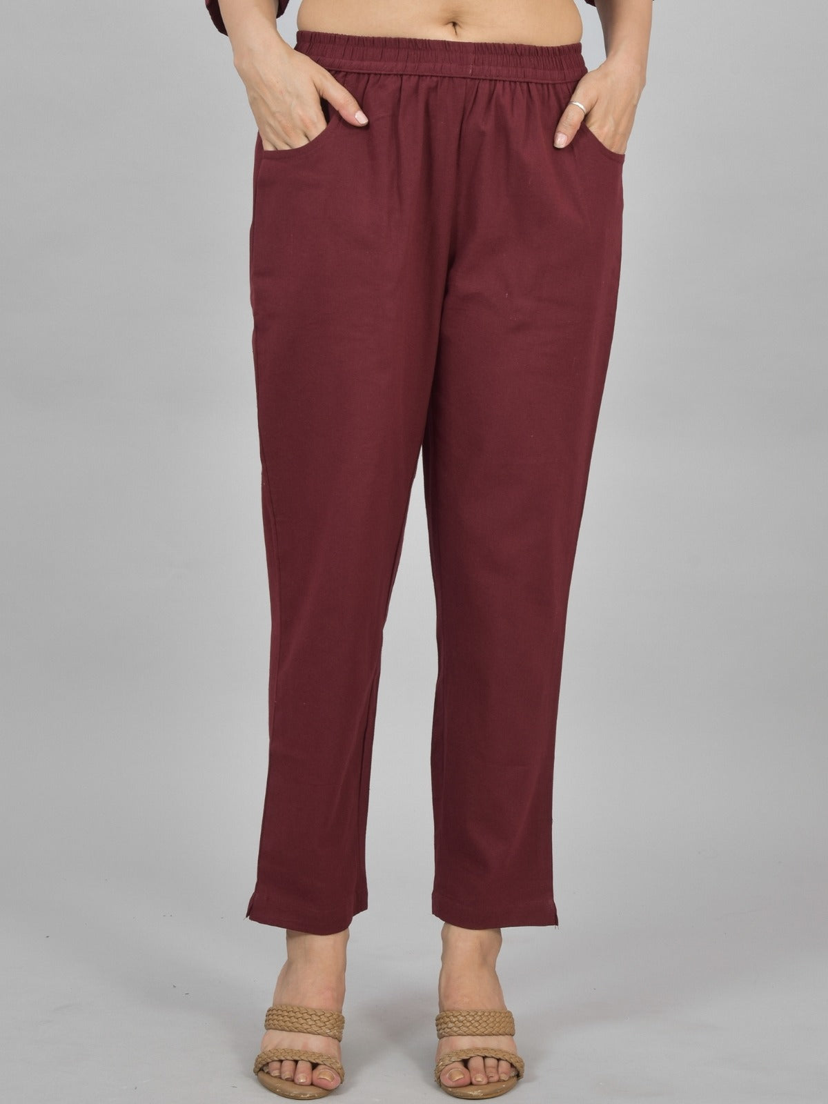 Quaclo Womens Solid Maroon Cotton Top-Pyjama Co-Ords Set