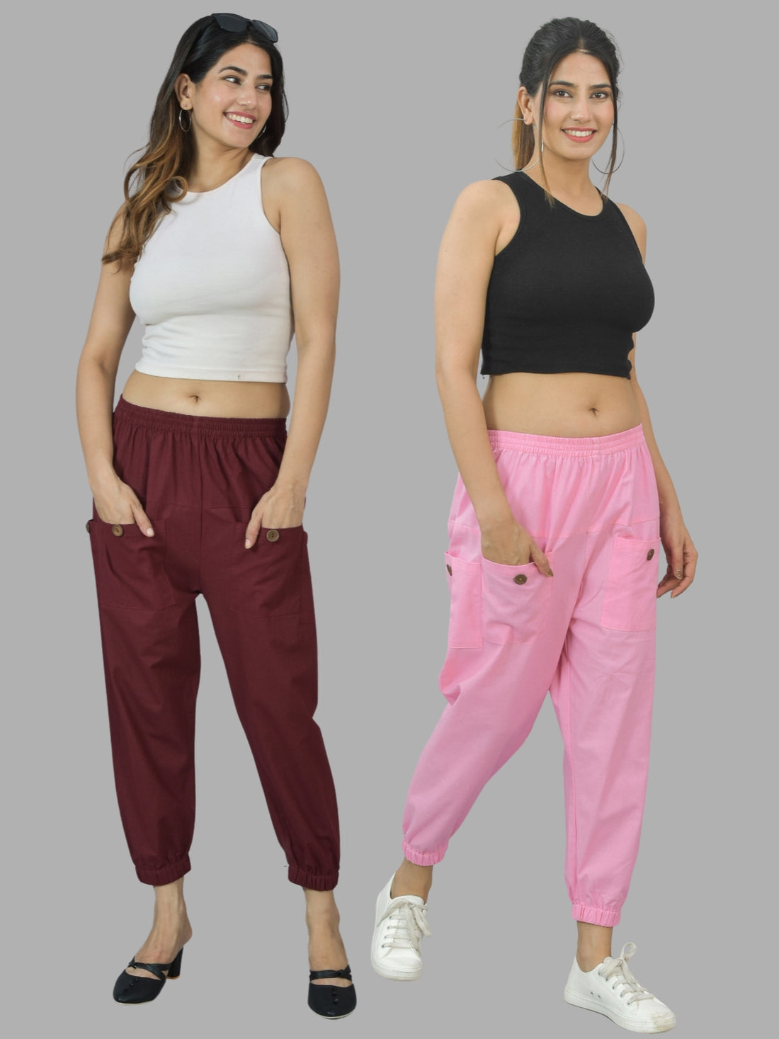 Combo Pack Of Womens Maroon And Pink Four Pocket Cotton Cargo Pants