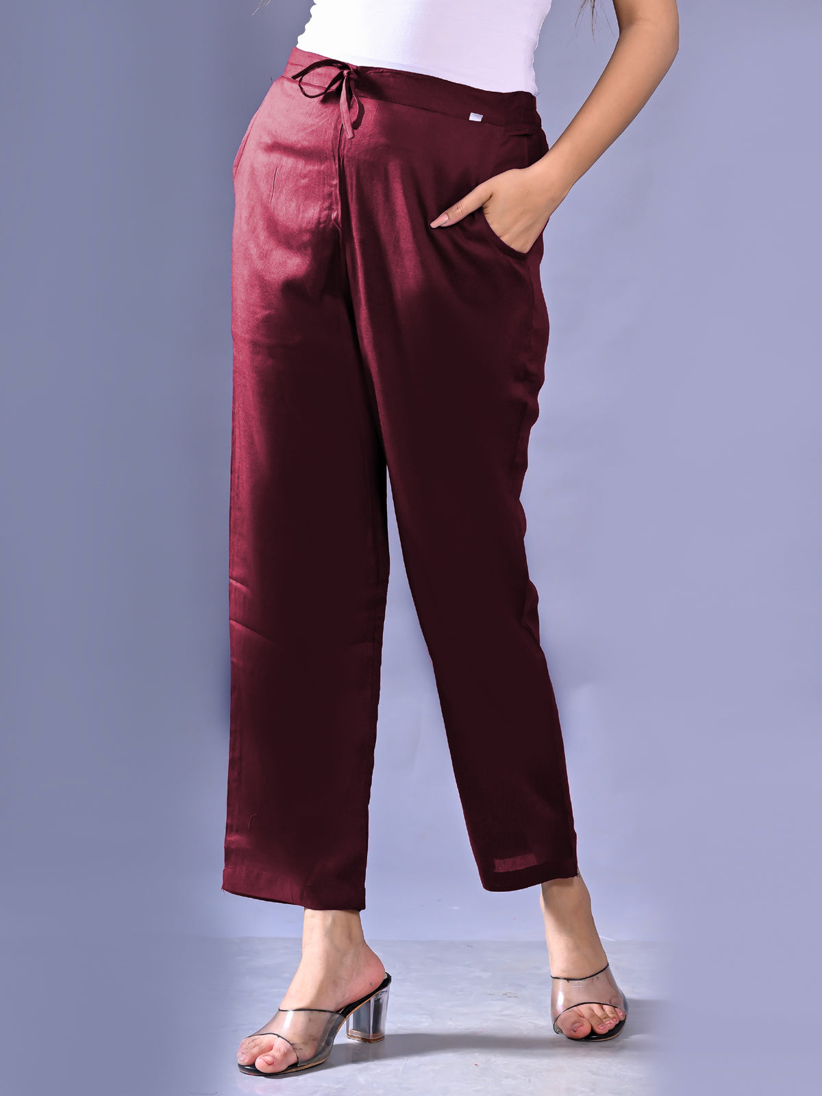 Women Regular Fit Wine Rayon Trouser