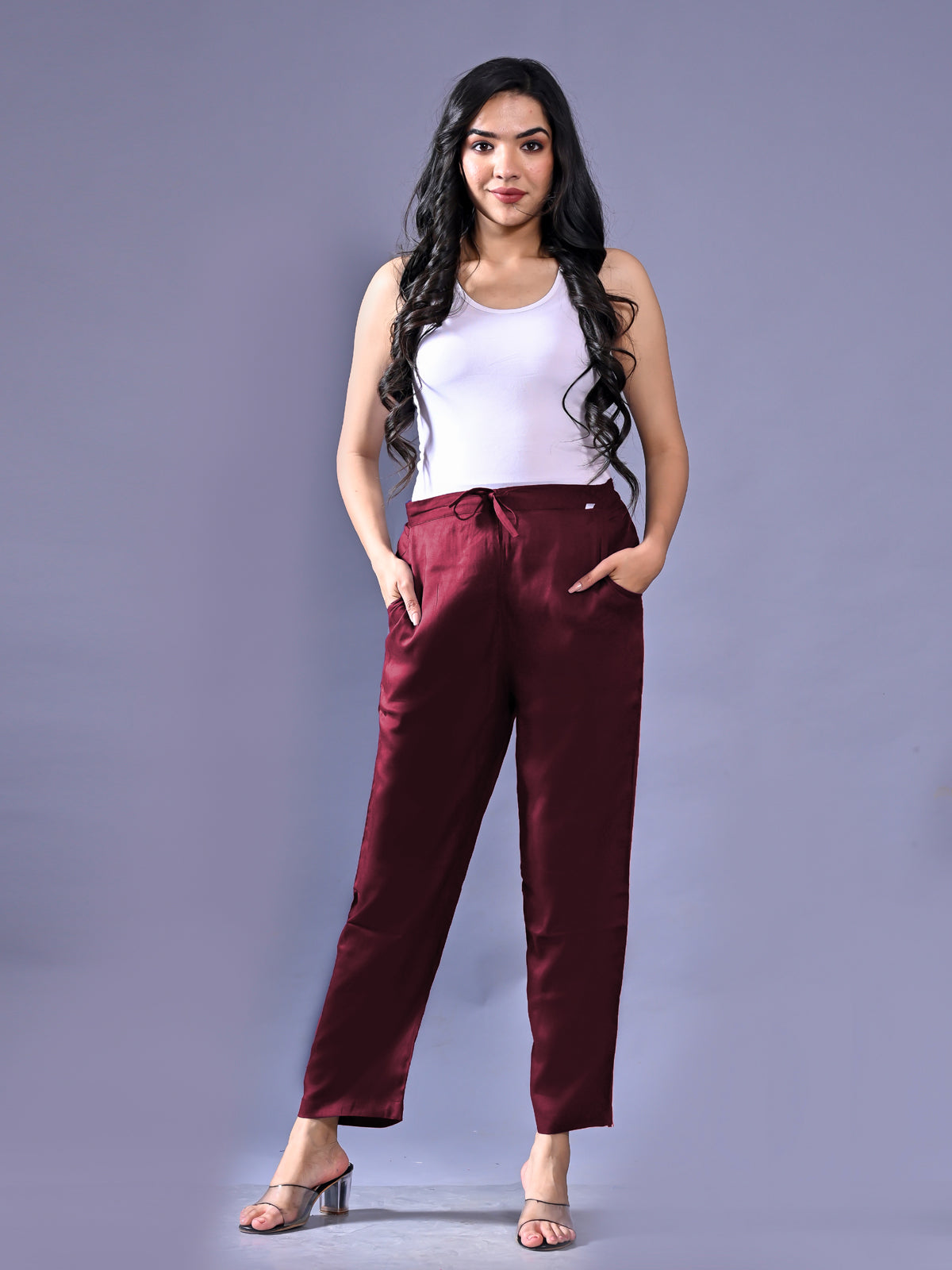 Women Regular Fit Wine Rayon Trouser