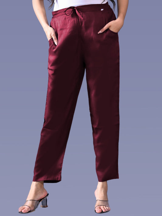 Women Regular Fit Wine Rayon Trouser