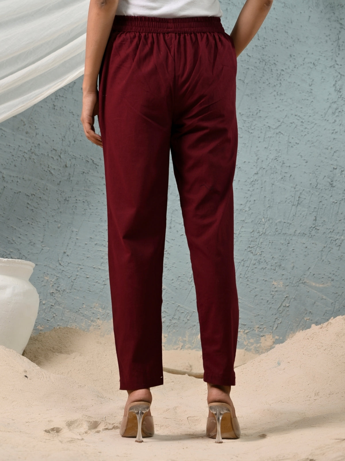 Women's Maroon Regular Fit Elastic Cotton Trouser