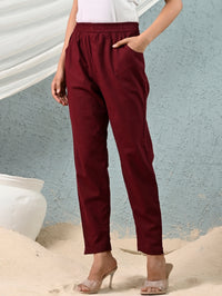 Women's Maroon Regular Fit Elastic Cotton Trouser