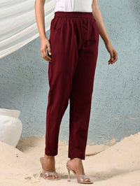 Women's Maroon Regular Fit Elastic Cotton Trouser