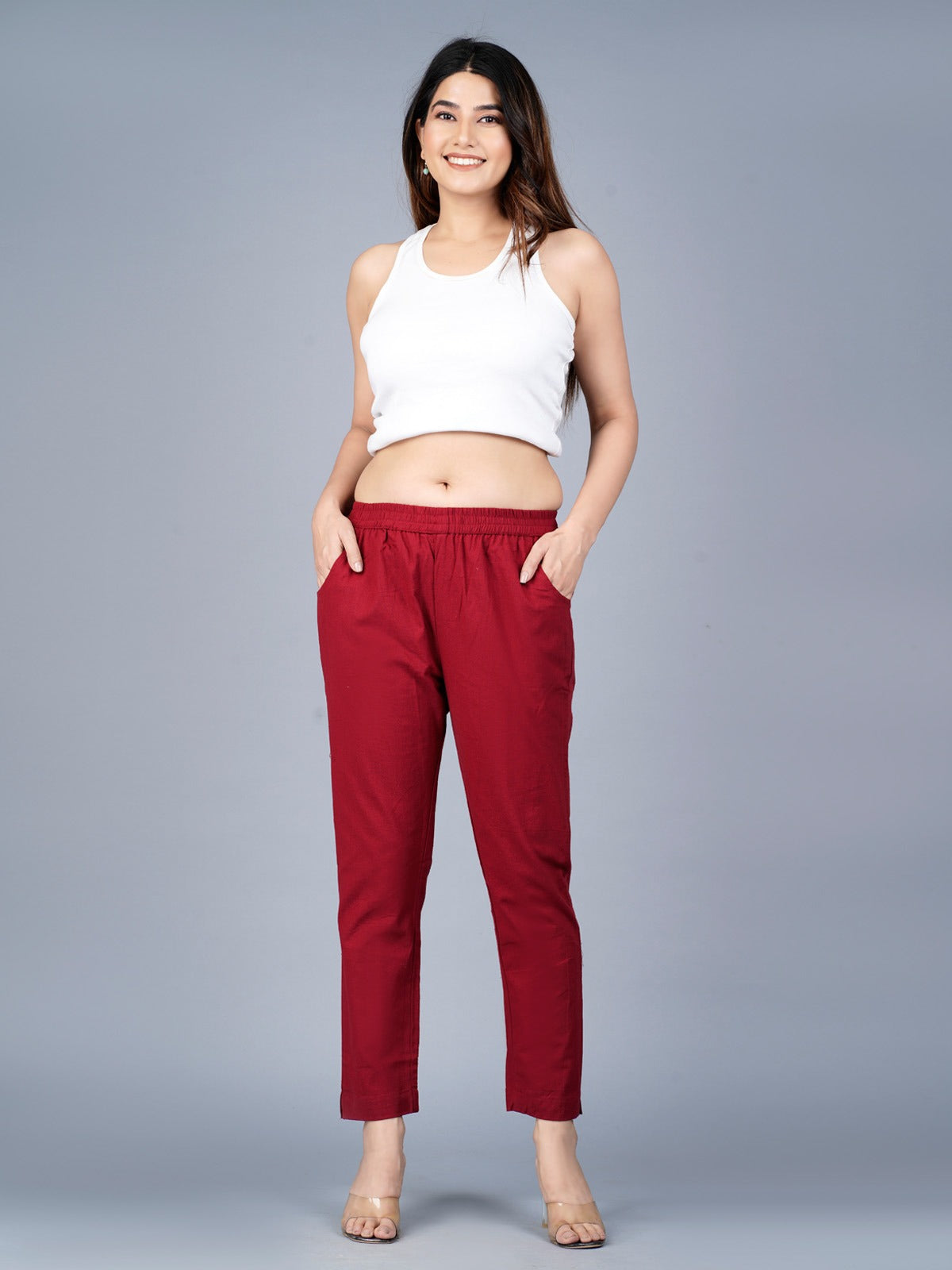 Pack Of 2 Womens Regular Fit Melange Grey And Maroon Fully Elastic Waistband Cotton Trouser