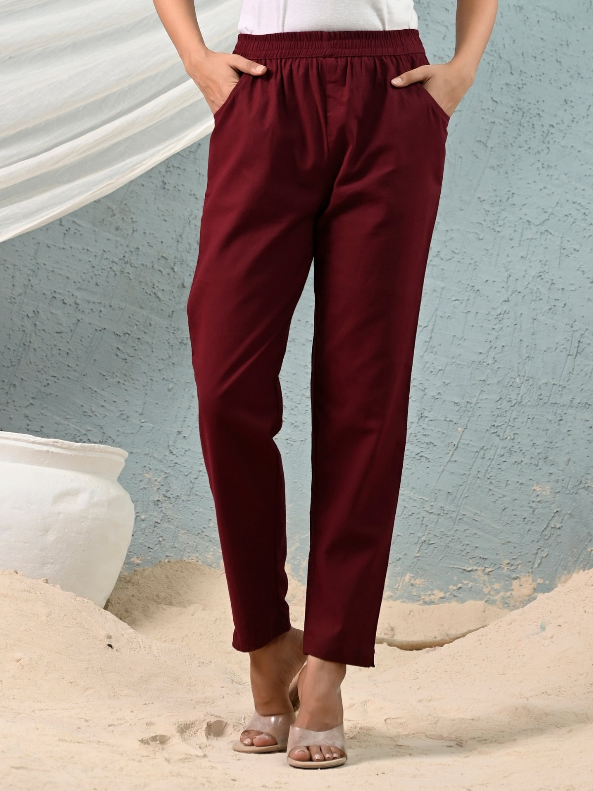 Women's Maroon Regular Fit Elastic Cotton Trouser