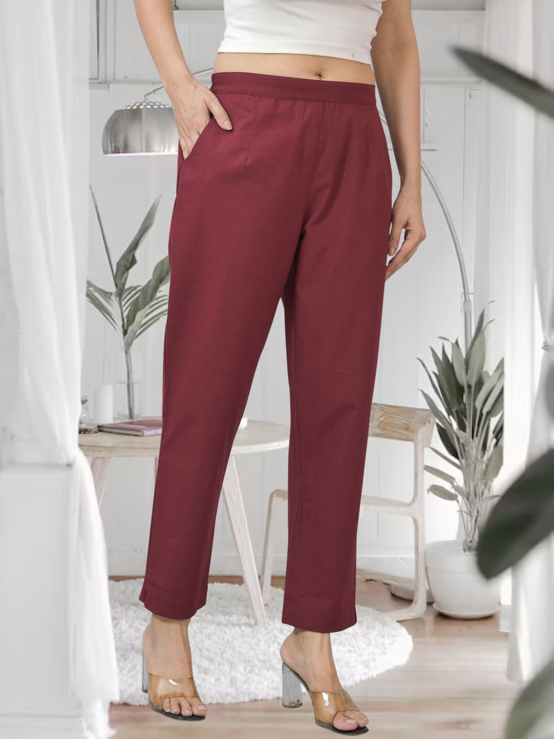 Maroon Half Elastic Airy Linen Cotton Pants