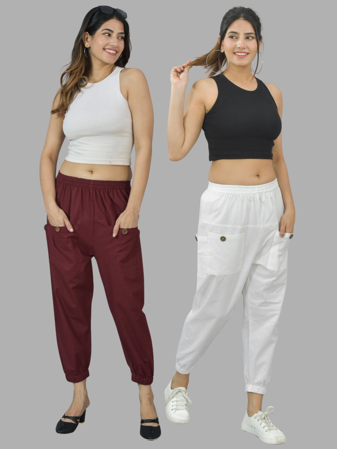 Combo Pack Of Womens Maroon And White Four Pocket Cotton Cargo Pants