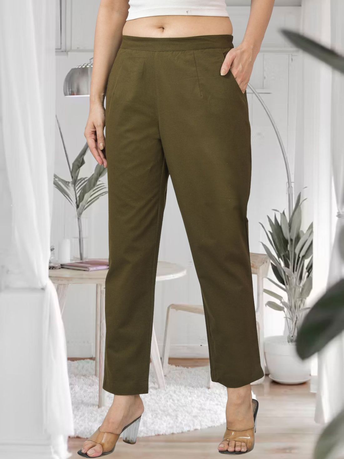 Mehendi Green Half Elastic Airy Linen Cotton Pants