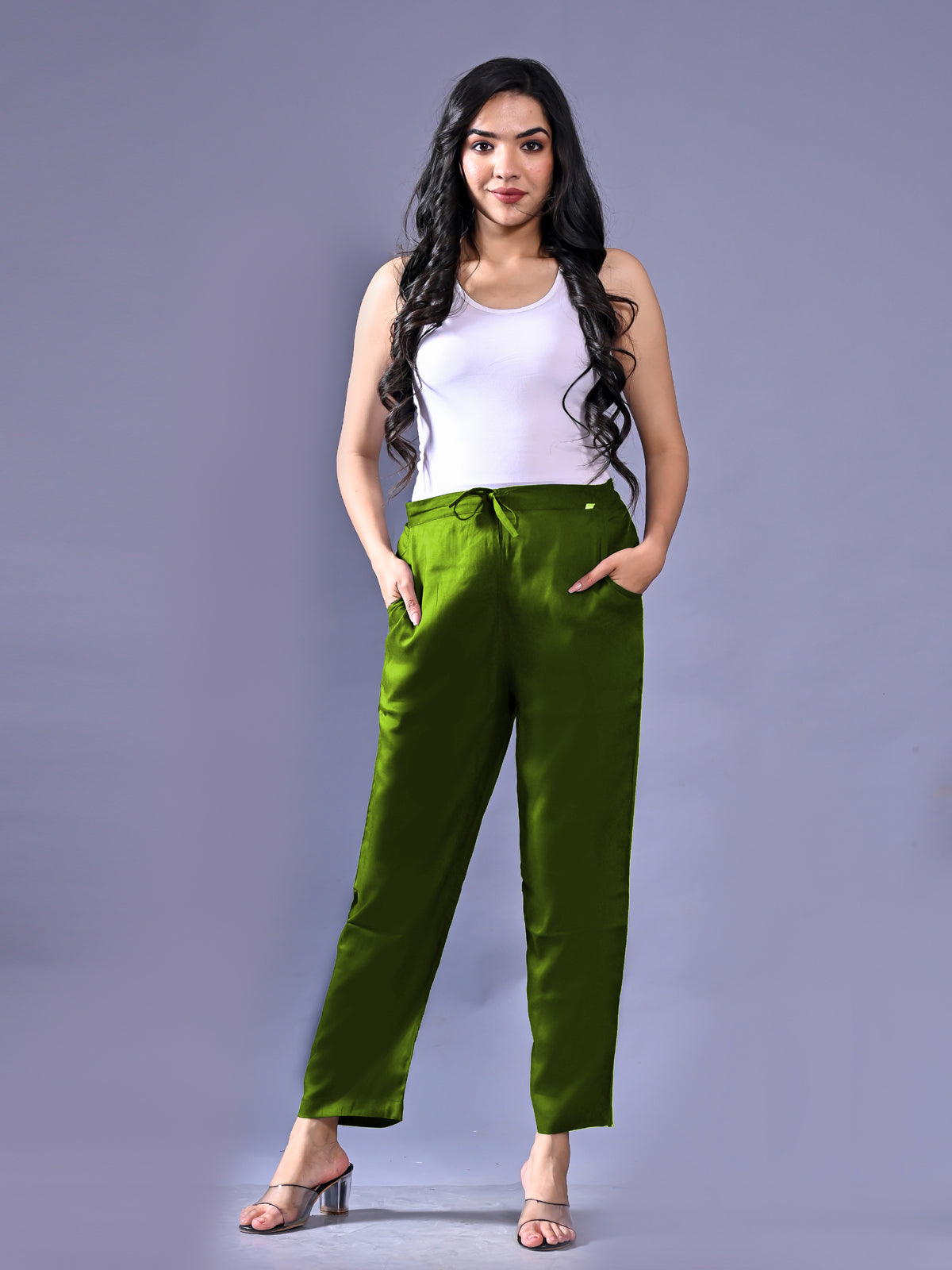 Women Regular Fit Mehndi Green Rayon Trouser