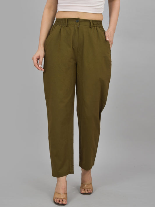 Womens Mehendi Green Regular Fit Cotton Formal Trouser
