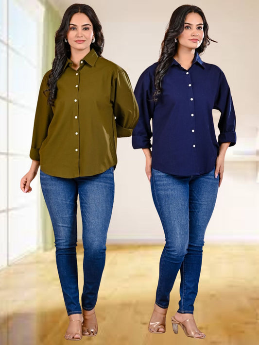 Pack Of 2 Womens Mehendi Green And Navy Blue Cotton Loose Fit Shirt Combo