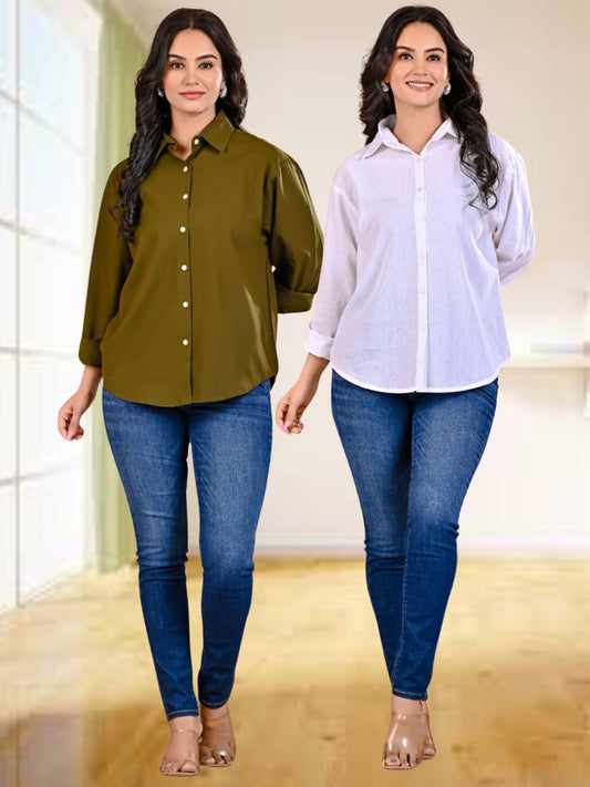 Pack Of 2 Womens Mehendi Green And White Cotton Loose Fit Shirt Combo