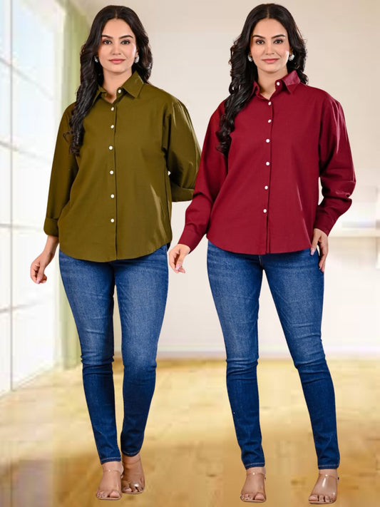 Pack Of 2 Womens Mehendi Green And Wine Cotton Loose Fit Shirt Combo