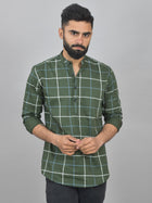 Quaclo Mens Mehndi Green Wide Check Cotton Short Kurta