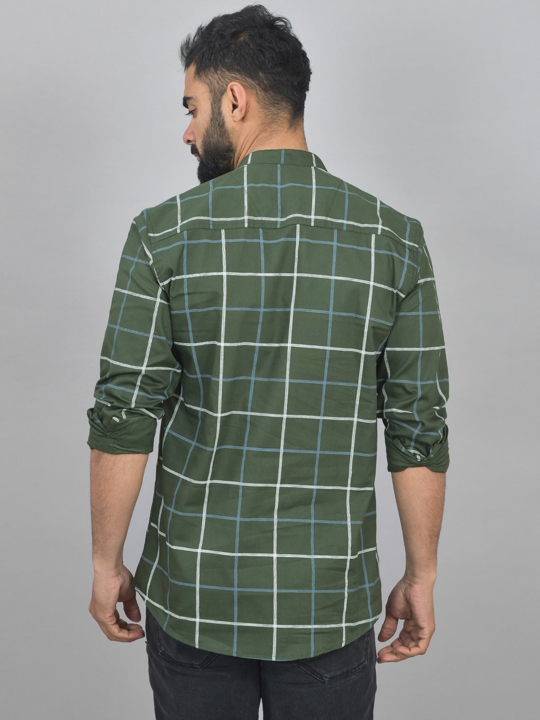 Quaclo Mens Mehndi Green Wide Check Cotton Short Kurta