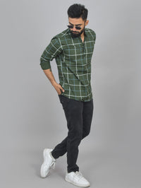 Pack Of 2 Mens Grey And Mehendi Green Wide Check Cotton Short Kurta Combo