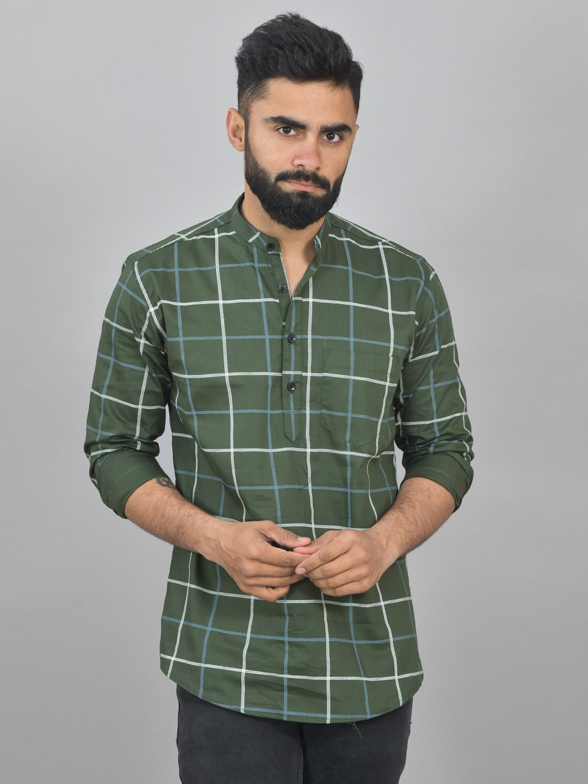 Pack Of 2 Mens Mehendi Green Wide And Red Check Cotton Short Kurta Combo