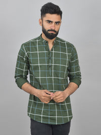 Pack Of 2 Mens Mehendi Green Wide And Red Check Cotton Short Kurta Combo