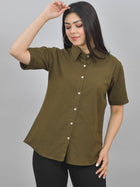 Women Solid Mehendi Green Half Sleeve Spread Collar Cotton Shirt