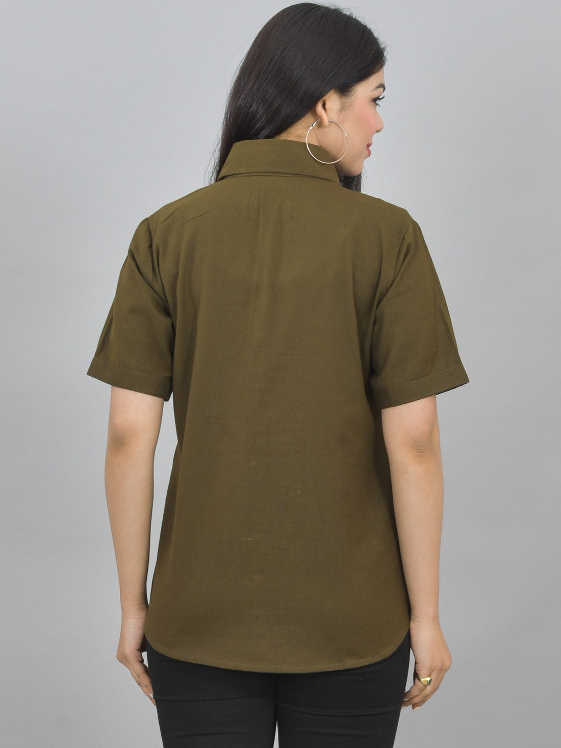 Women Solid Mehendi Green Half Sleeve Spread Collar Cotton Shirt