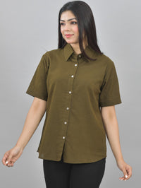 Women Solid Mehendi Green Half Sleeve Spread Collar Cotton Shirt