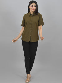 Women Solid Mehendi Green Half Sleeve Spread Collar Cotton Shirt