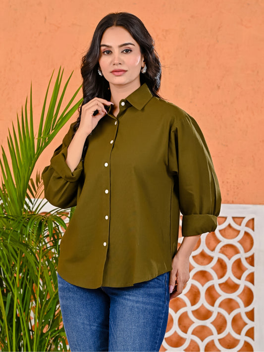 Womens Solid Mehendi Green Loose Fit Cotton Shirt