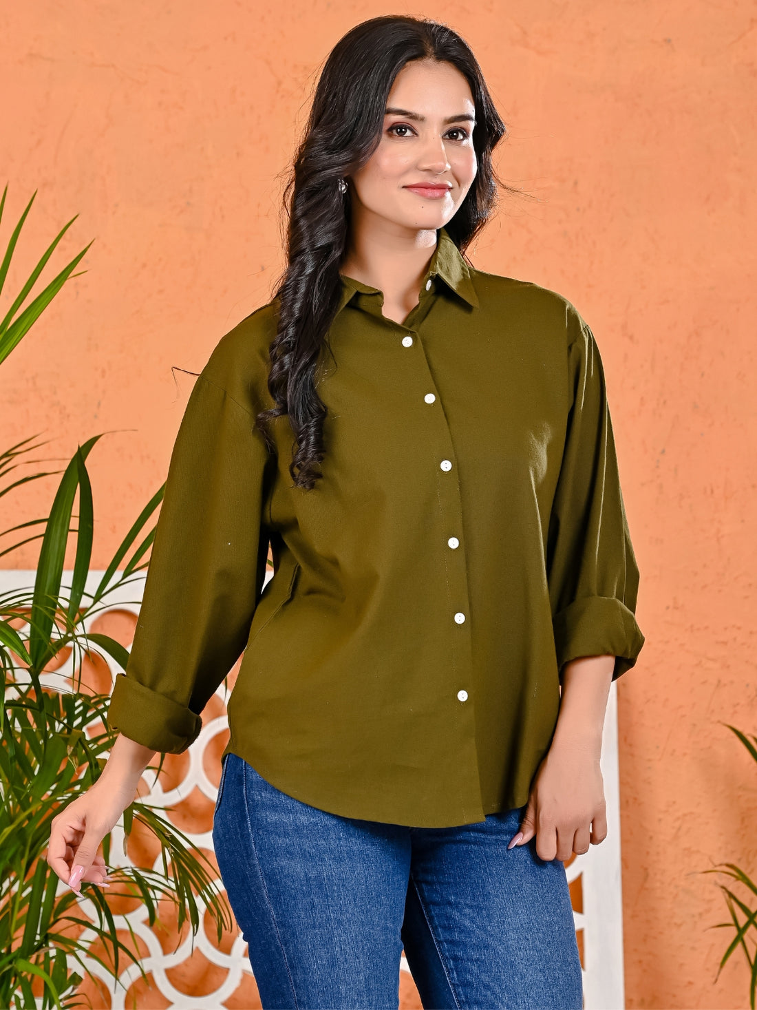 Pack Of 2 Womens Mehendi Green And Navy Blue Cotton Loose Fit Shirt Combo