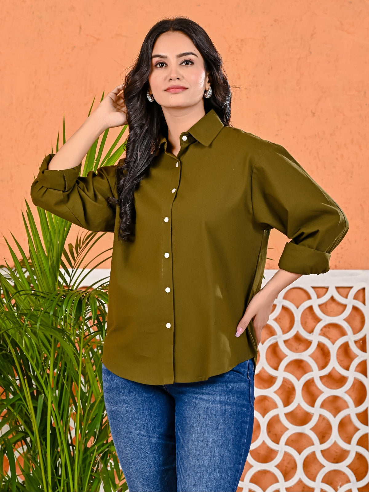 Pack Of 2 Womens Mehendi Green And Wine Cotton Loose Fit Shirt Combo