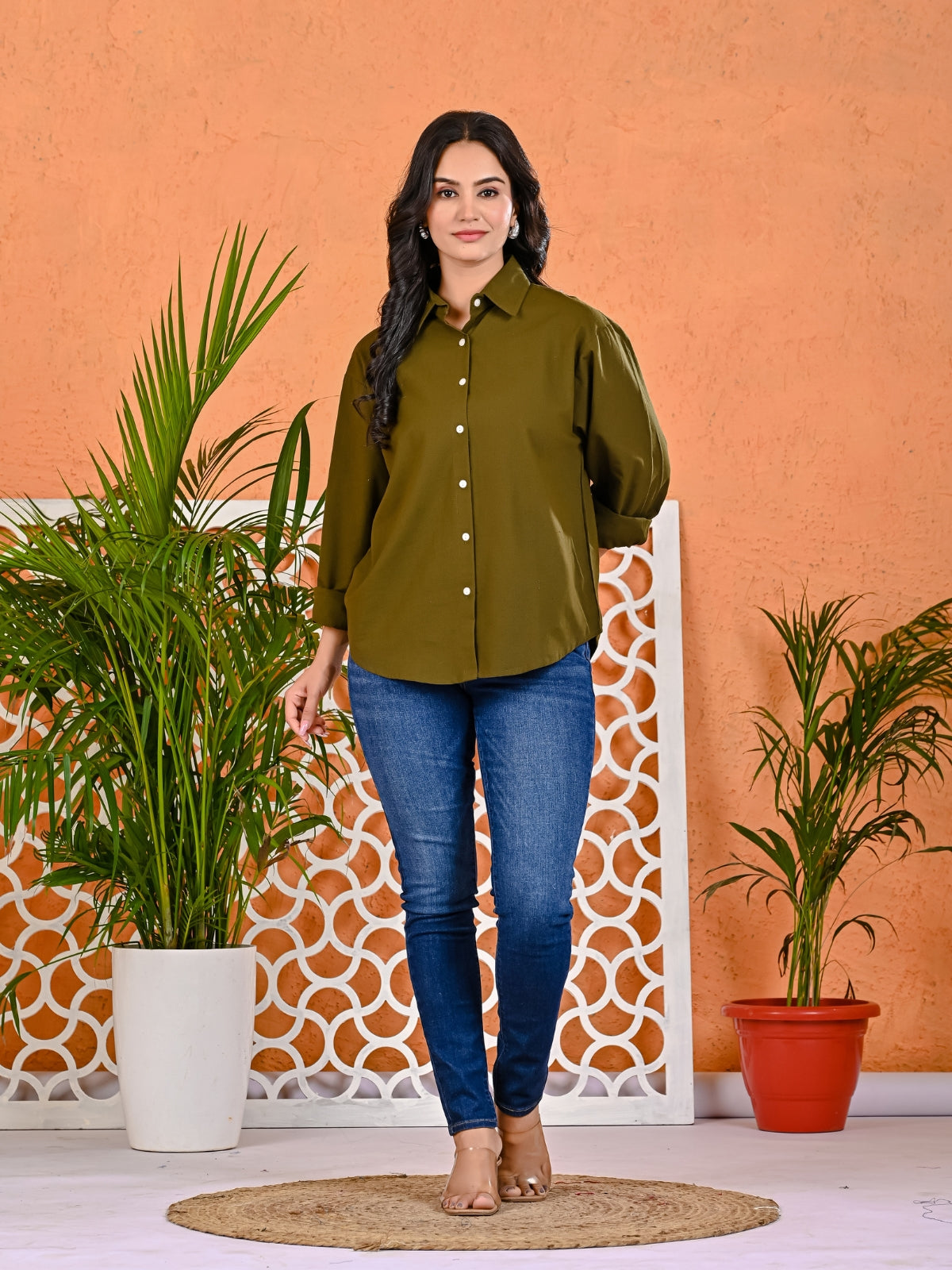 Pack Of 2 Womens Grey And Mehendi Green Cotton Loose Fit Shirt Combo