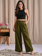 Womens Mehendi Green Cotton Wide Leg Pants