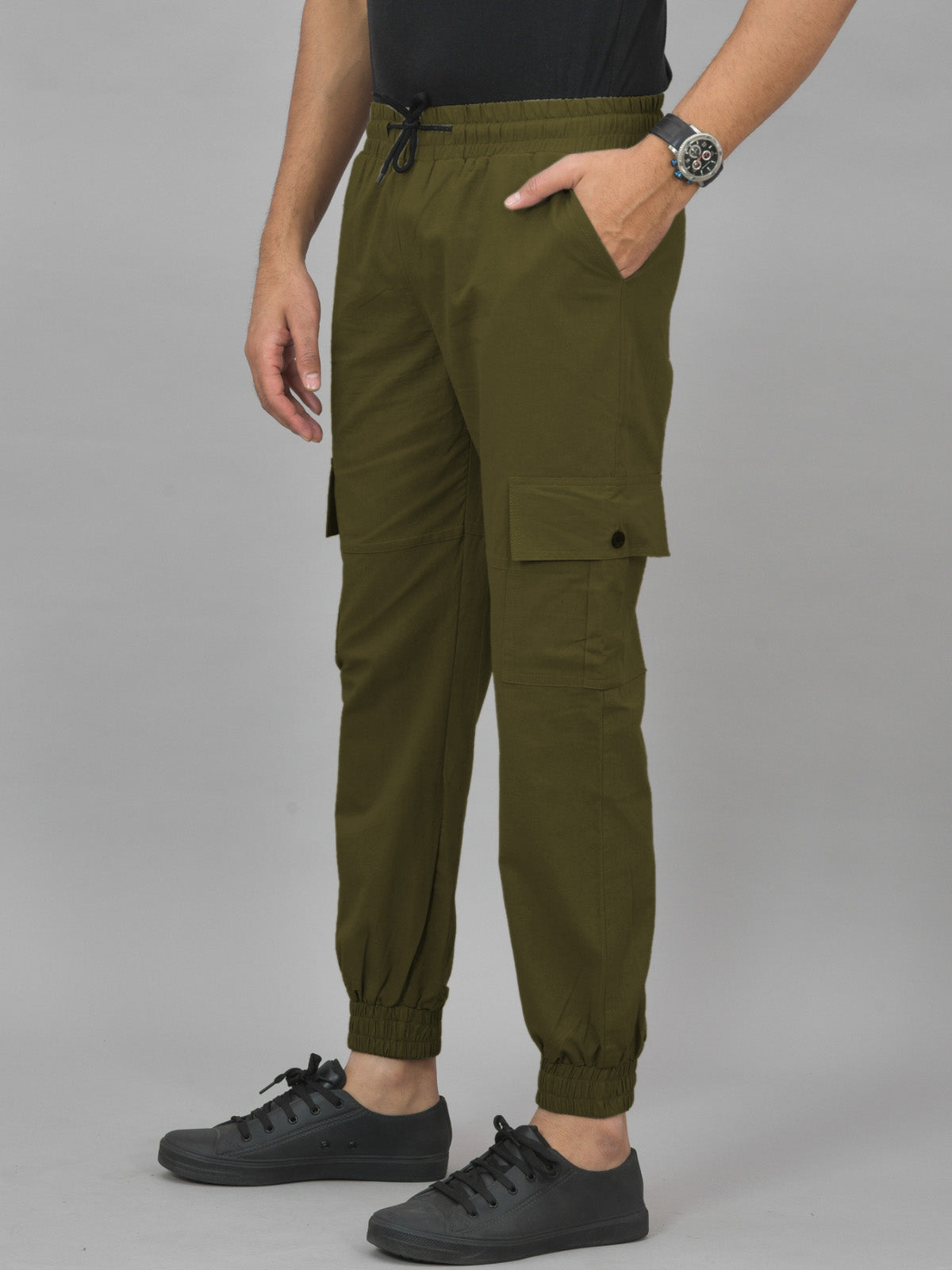 Mens Mehndi Green Regular Fit 5 Pocket Cotton Cargo Pants