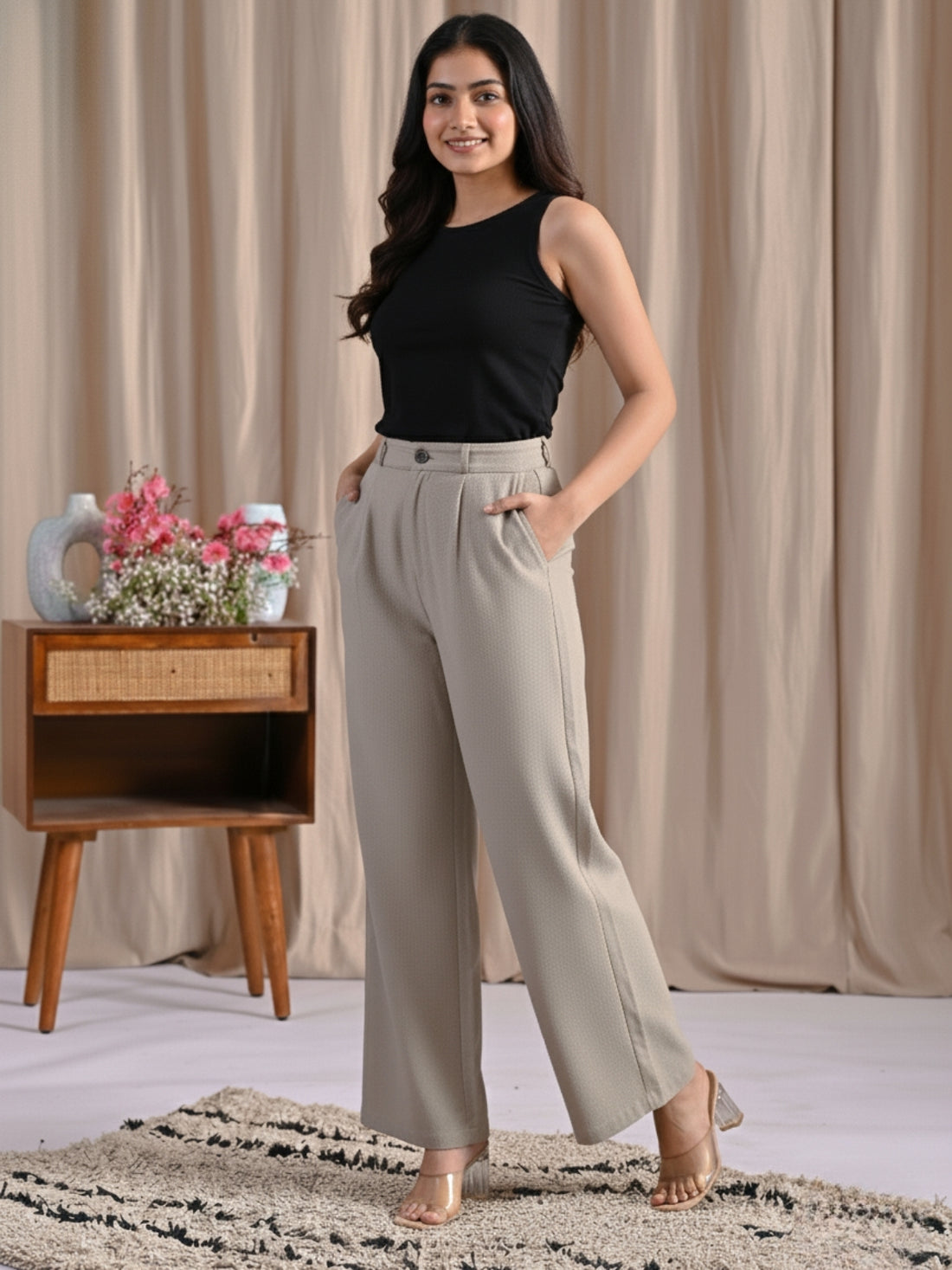 Pack Of 2 Melange Grey And Wine Women Cotton Wide Leg Pants