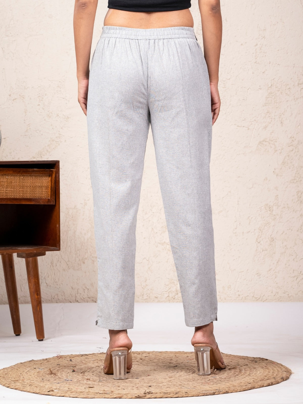 Women Solid Melange Grey South Cotton Trouser