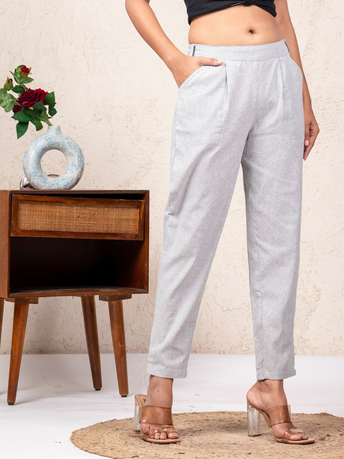 Women Solid Melange Grey South Cotton Trouser