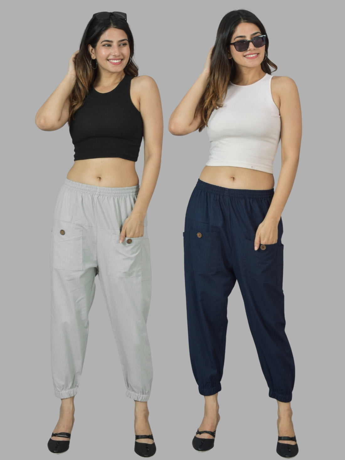 Combo Pack Of Womens Melange Grey And Dark Blue Four Pocket Cotton Cargo Pants