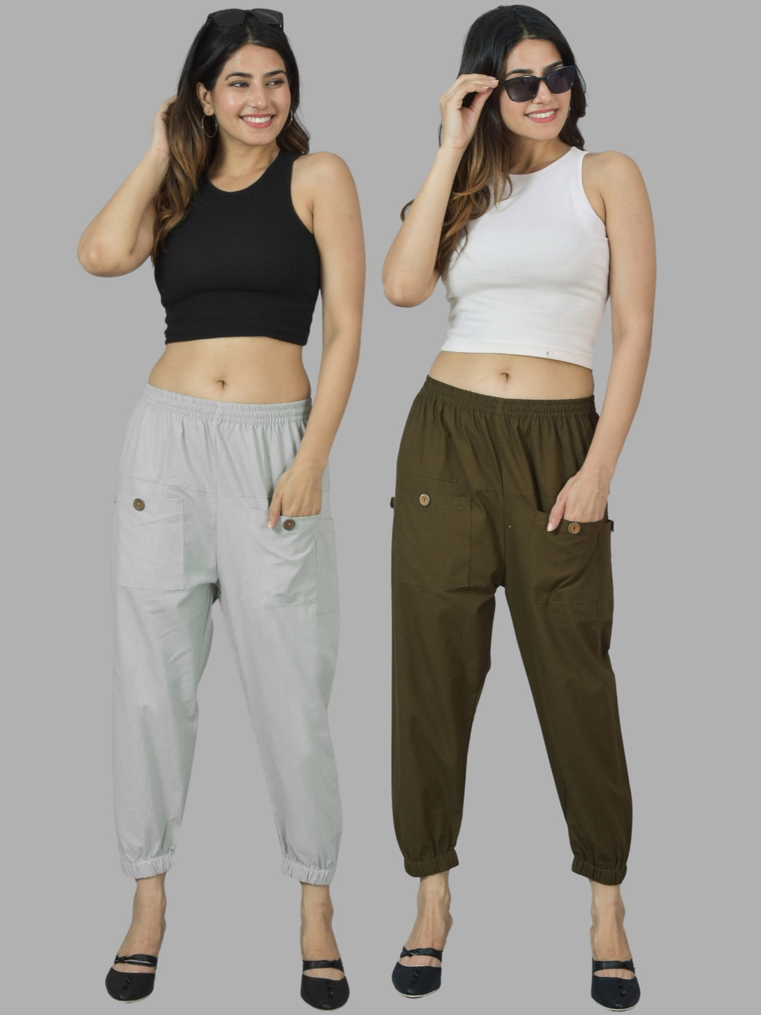 Combo Pack Of Womens Melange Grey And Dark Green Four Pocket Cotton Cargo Pants
