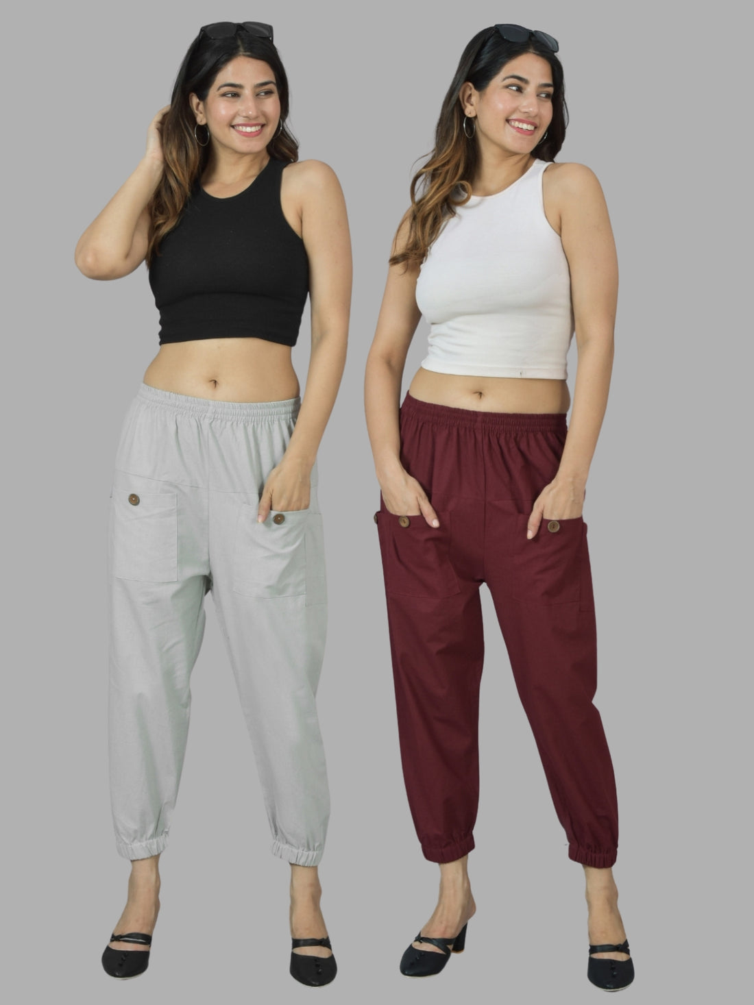 Combo Pack Of Womens Melange Grey And Maroon Four Pocket Cotton Cargo Pants