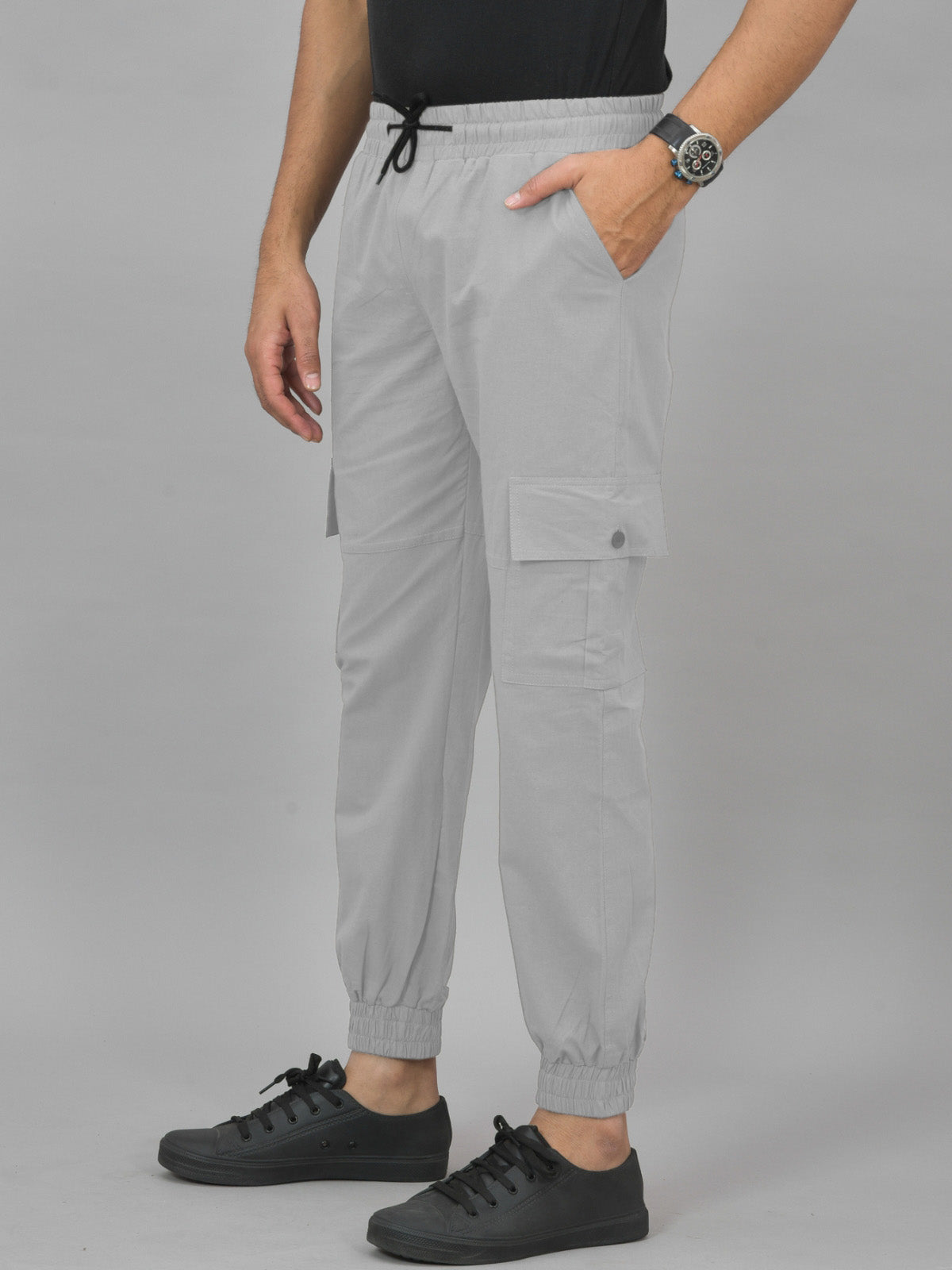 Mens Melange Grey Regular Fit 5 Pocket Cotton Cargo Pants