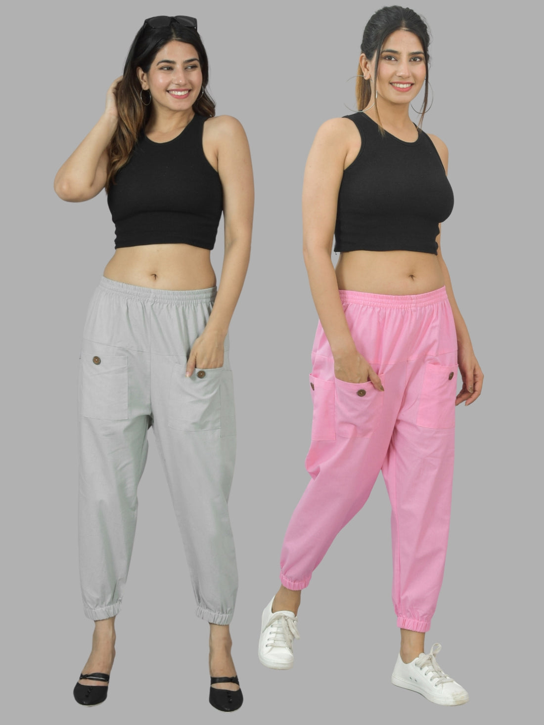 Combo Pack Of Womens Melange Grey And Pink Four Pocket Cotton Cargo Pants