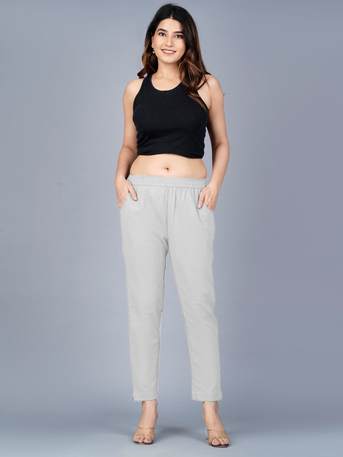 Women's Melage Grey Regular Fit Elastic Cotton Trouser