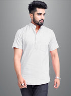 Mens Solid Melange Grey Cotton Blend Short Kurta