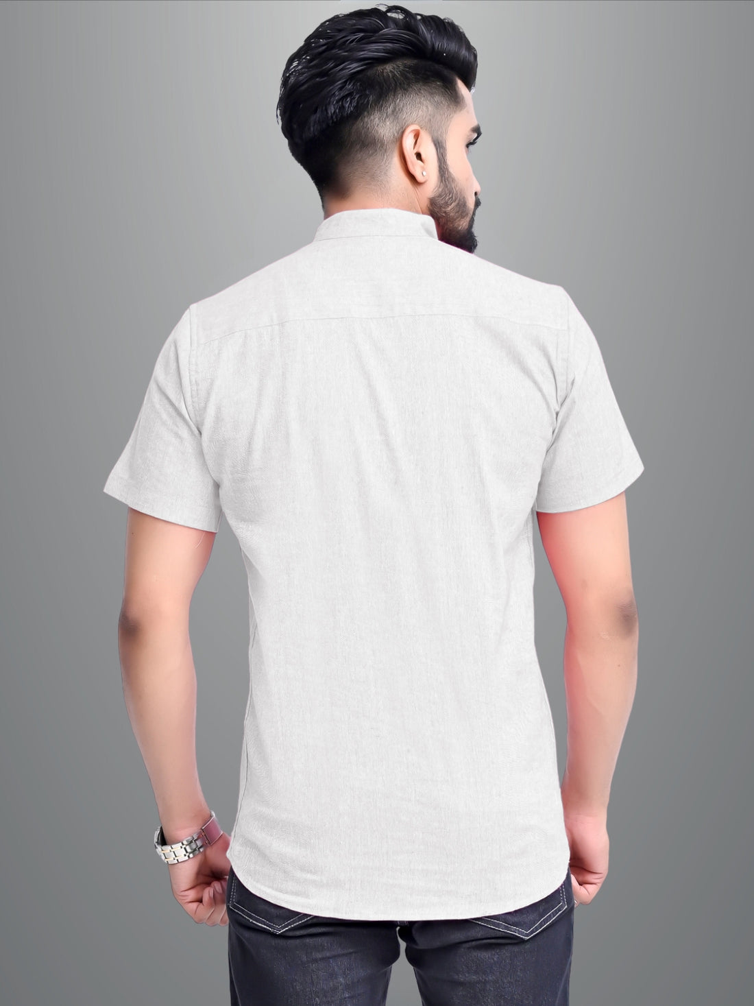 Mens Solid Melange Grey Cotton Blend Short Kurta