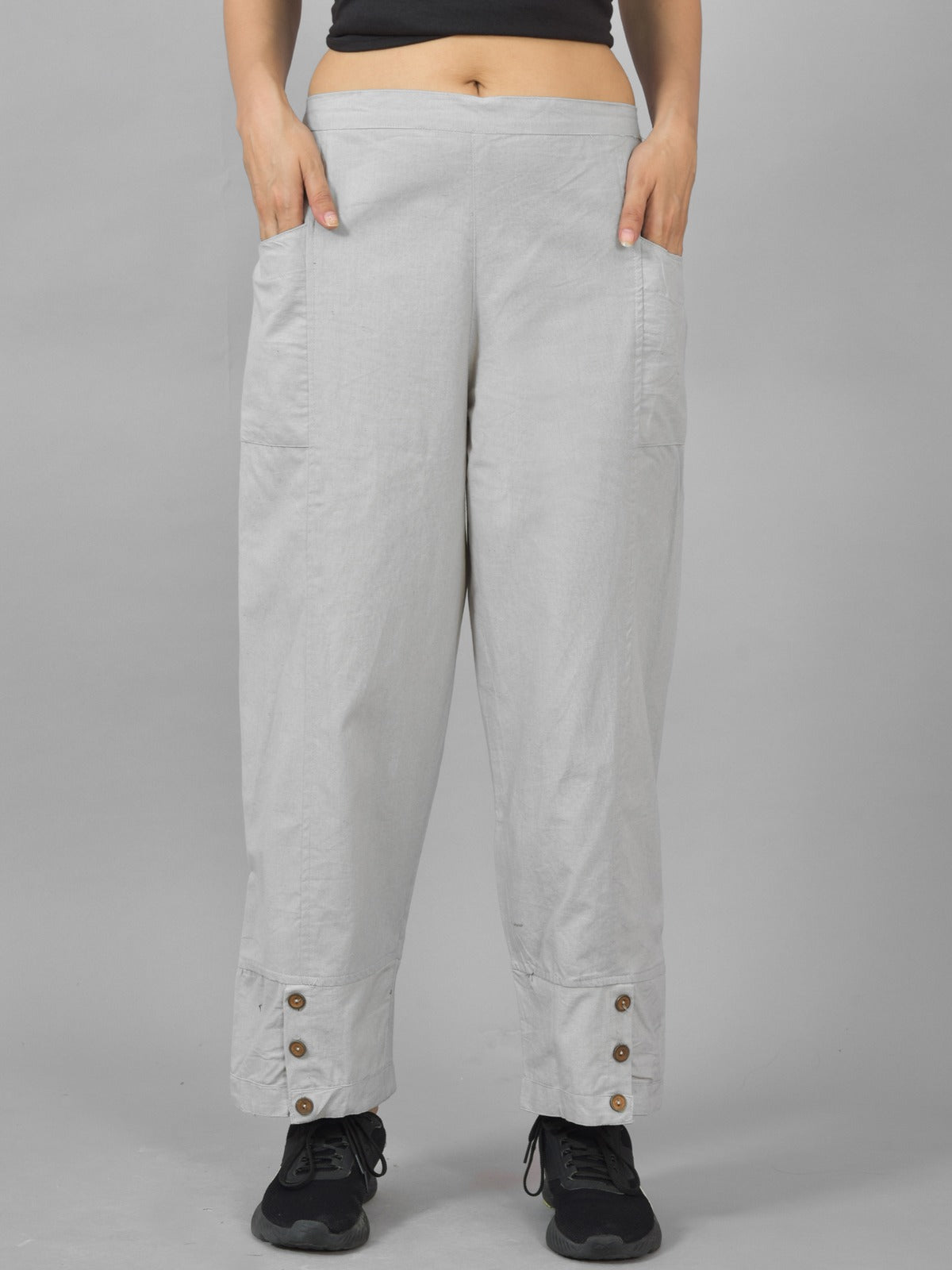 Combo Pack Of Womens White And Melange Grey Side Pocket Straight Cargo Pants