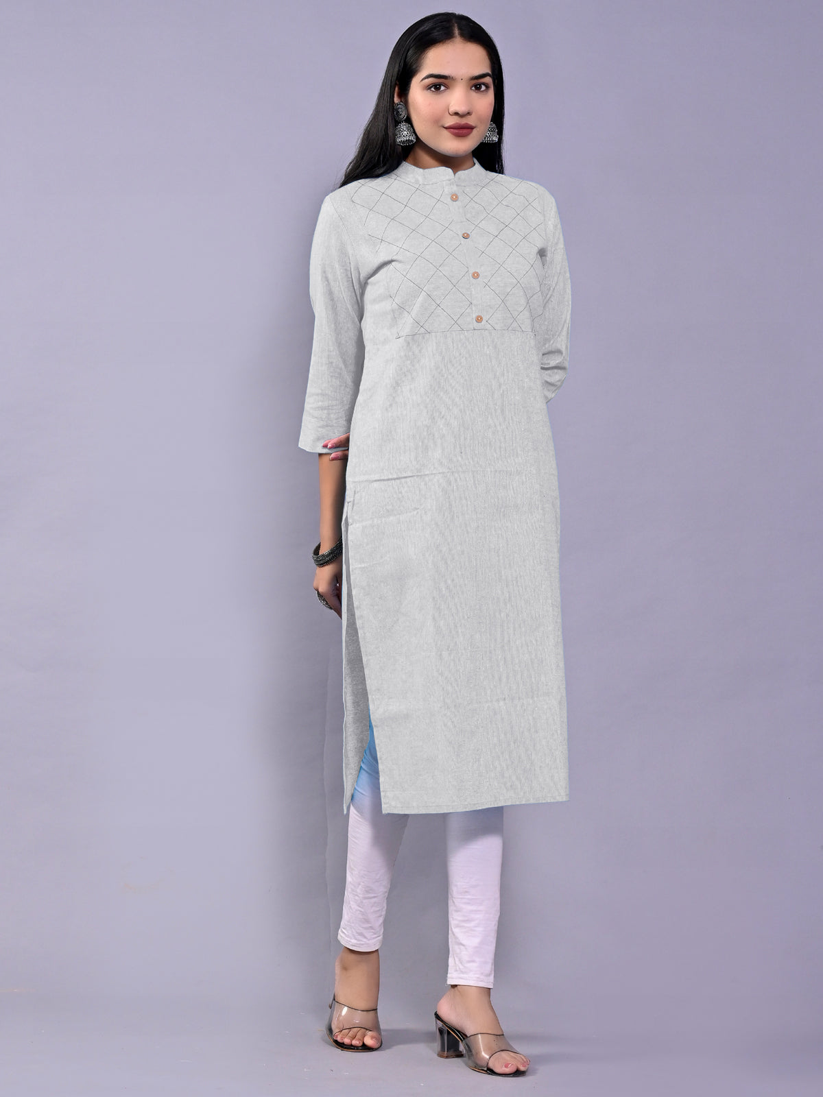 Women Solid Melange Grey Woven South Cotton Kurti